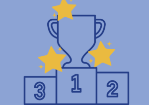 Die Grafik zeigt eine Siegertreppe mit den Plätzen 1, 2 und 3. Auf dem obersten Podest ein funkelnder Pokal, umrahmt von drei goldenen Sternen. Das Bild dient als spannender Teaser für die feierliche Bekanntgabe der Impulse-Preis-Gewinnerinnen 2023.